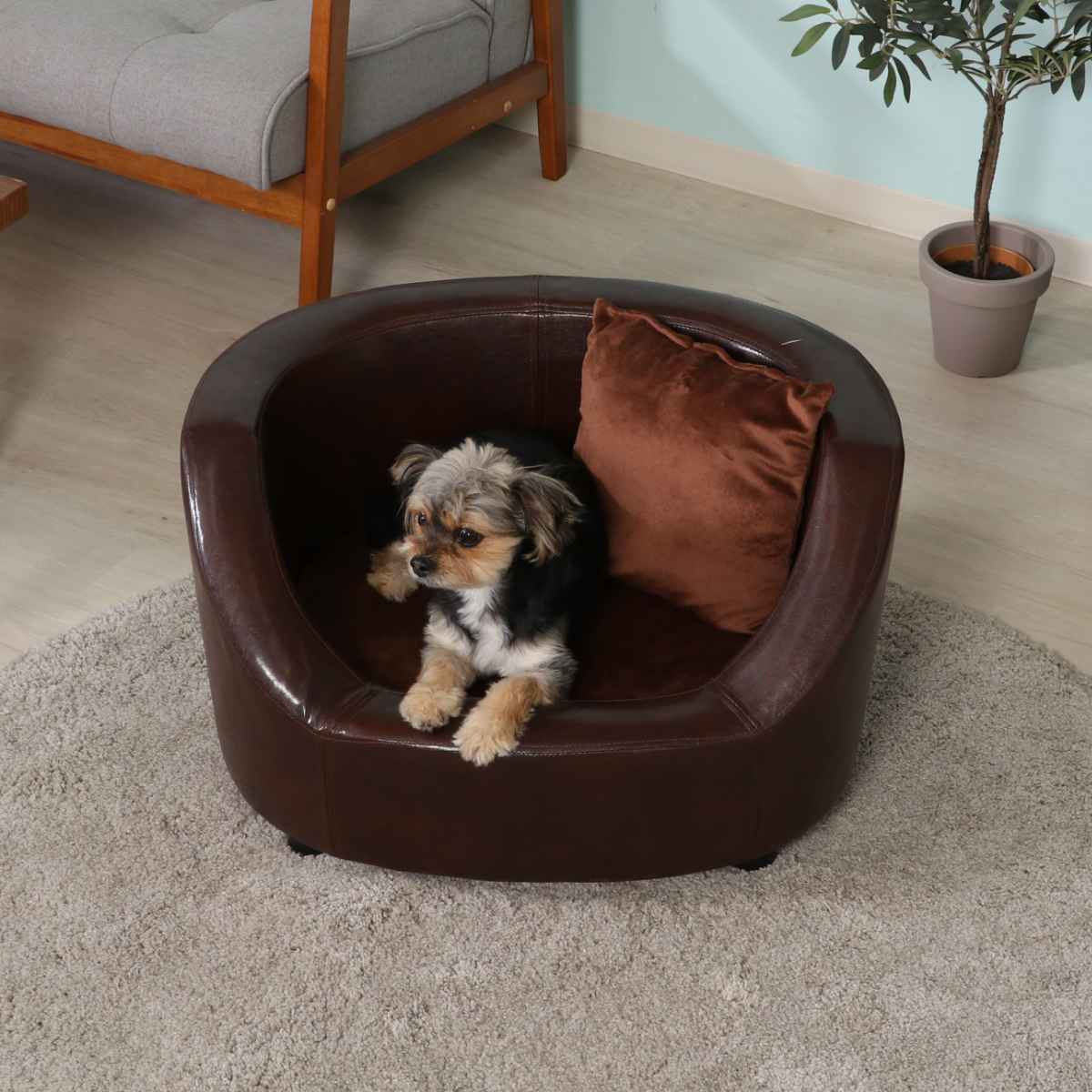 ペットソファ 幅66.5cm レザー調 クッション カバー ペットベッド 犬 猫 ペット家具 ペット用 ベッド ソファー おしゃれ ヴィンテージ調 ベロア調 小型犬 中型犬 ブラウン 完成品
