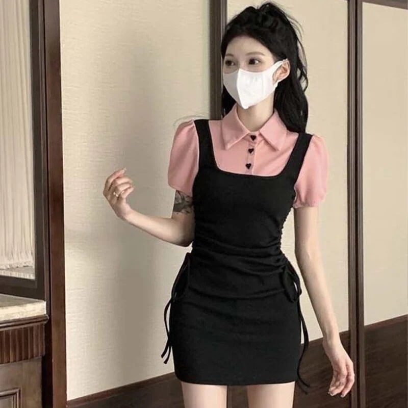 ワンピース女性年襟偽2枚シャツワンピース子供夏デザイン感小人数ギャルバッグヒップスカート黒フリーサイズ