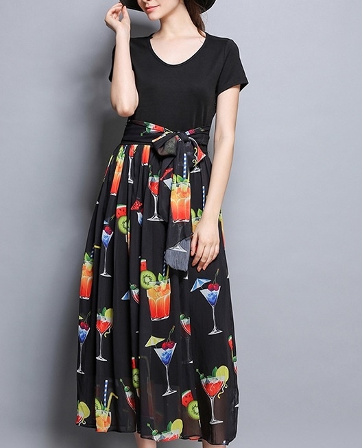 1695.プリント柄ドッキングワンピース（ブラック）2019 春夏 sale お呼ばれ 女子会 デート 女子会 レストラン カフェ ランチ パーティー 二次会