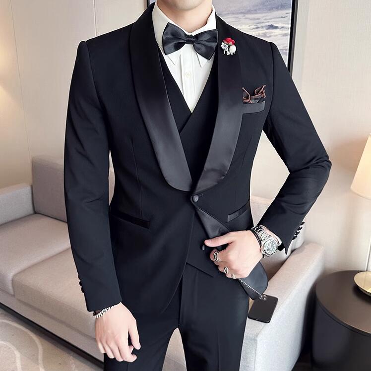 メンズスーツ 結婚式スーツ 披露宴 紳士服 スーツセット パーティー フォーマルスーツ シングルスーツ メンズ ビジネススーツ 3点セット ジャケット+ベスト+パンツ スリーピーススーツ 成人式 韓国