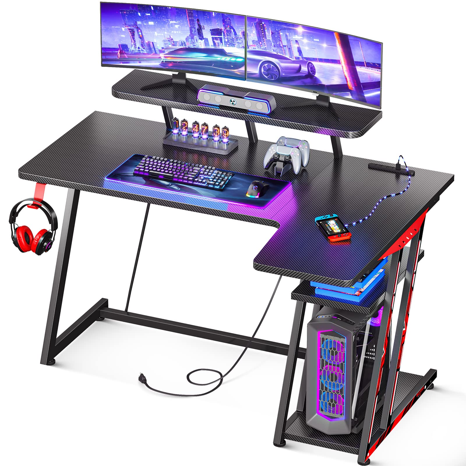 MOTPK ゲーミングデスク l字 テーブル パソコン 幅120cm 収納ラック2段/コンセント/モニター台/フック付き PC机 オフィス ゲーム 書斎 在宅勤務 ブラック 13,185円