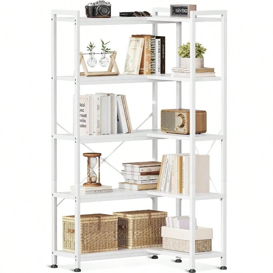 AODK オープンシェルフ ラック 5段 本棚 オープンラック L字型 シェルフ 棚 収納 飾り棚 幅72.8 65×奥行24×高さ145.5cm 大容量 組立簡単 ホワイト