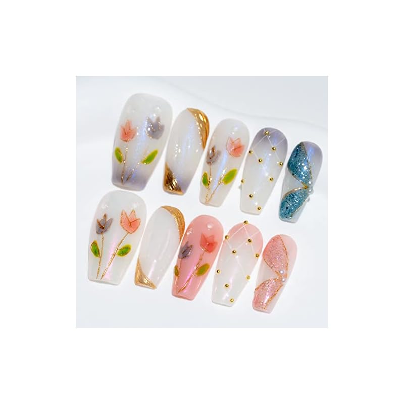 Sun&Beam Nails 手作り ネイルチップ ミディアム ロング バレリーナ ピンク ブルー ゴールド 人気 3D おしゃれ 可愛い デザイン つけ爪 付け爪 10枚入 (#56 S)