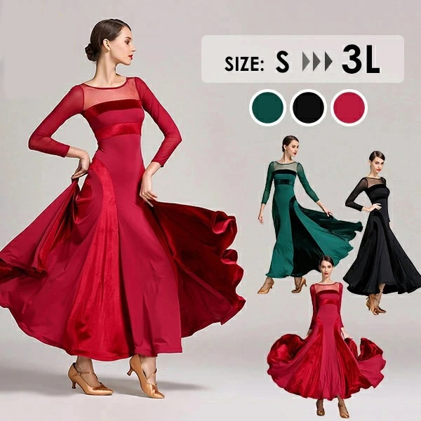 動画効果あり 社交ダンス ドレス 長袖 スタンダード 社交ダンス衣装 ワンピース 黒 広がる裾 ワンピース スタンダード レッスン着 発表会 競技着 練習着 演出用 スタンダード ワルツ専用ド