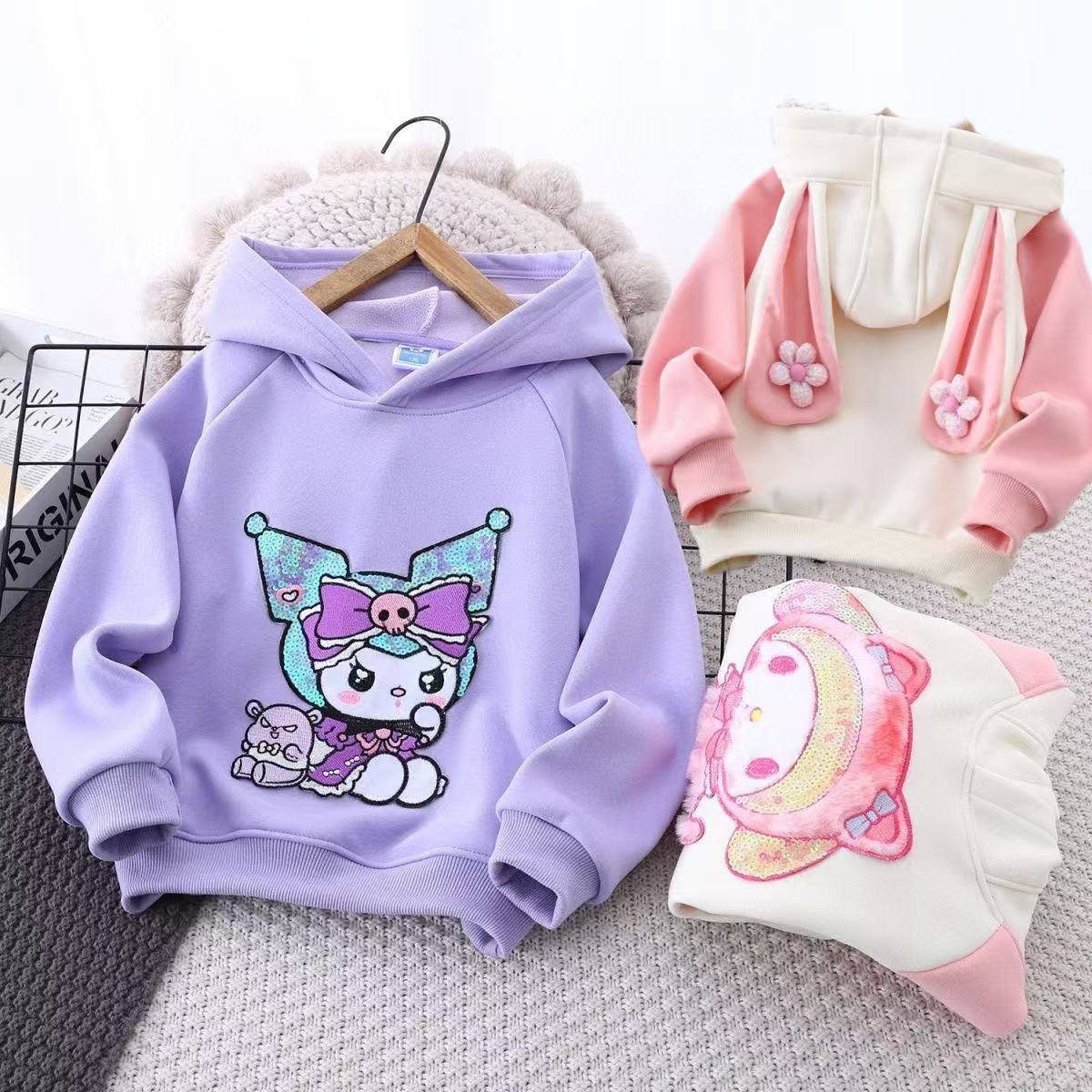 激壳れ人気商品新入荷 可愛い サンリオ クロミ 長袖 パーカー 綿 春 秋 裹起毛 ゆとり キラキラトップス 韓国ファッションフード付きパーカー 子供服 女の子110-160cm