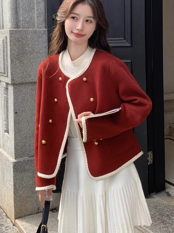 10個セット 高級感のある2列のボタンダウンコート女性の秋冬韓国版丸首のゆったりとした上着は年齢を減らす