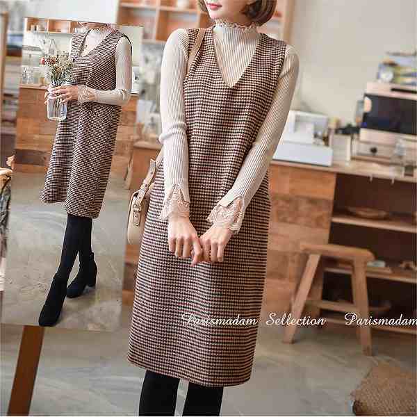 New type追加！チェックジャンバースカート　千鳥格子　Ｖ襟　可愛い　ひざ下丈　上品　大きいサイズ有り　Ｓから５Ｌ ほっそり効果大通勤通学20代30代40代50代60代