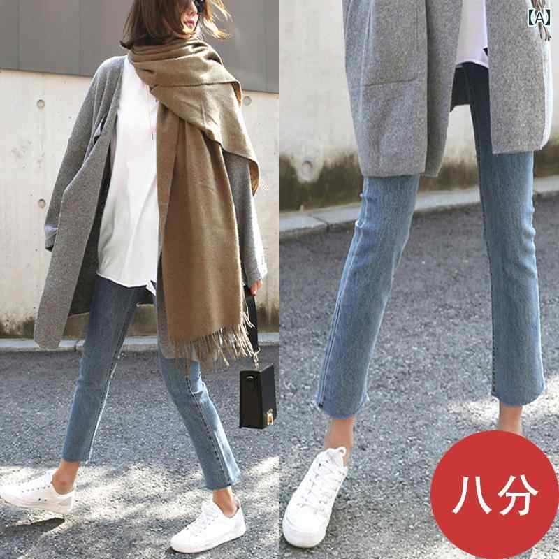 デニムパンツ レディース ジーンズ ボトムス 春秋 ハイウエスト ストレート カットオフ 八分丈 韓国 シンプル カジュアル ブルー ブラック