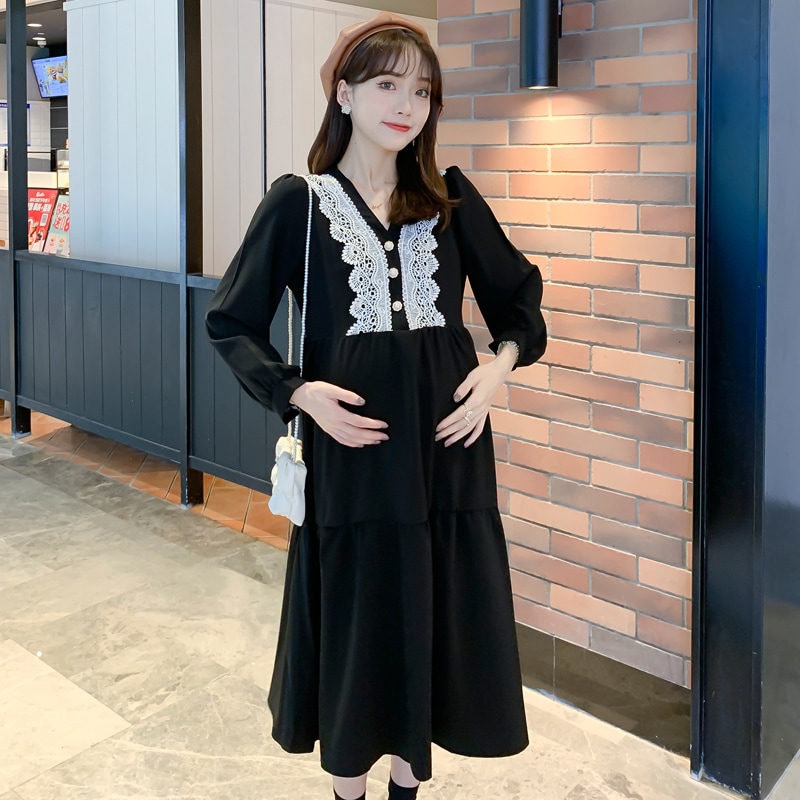 【送料無料】マタニティ ワンピース ミディ丈 Vネック Aラインワンピース レース