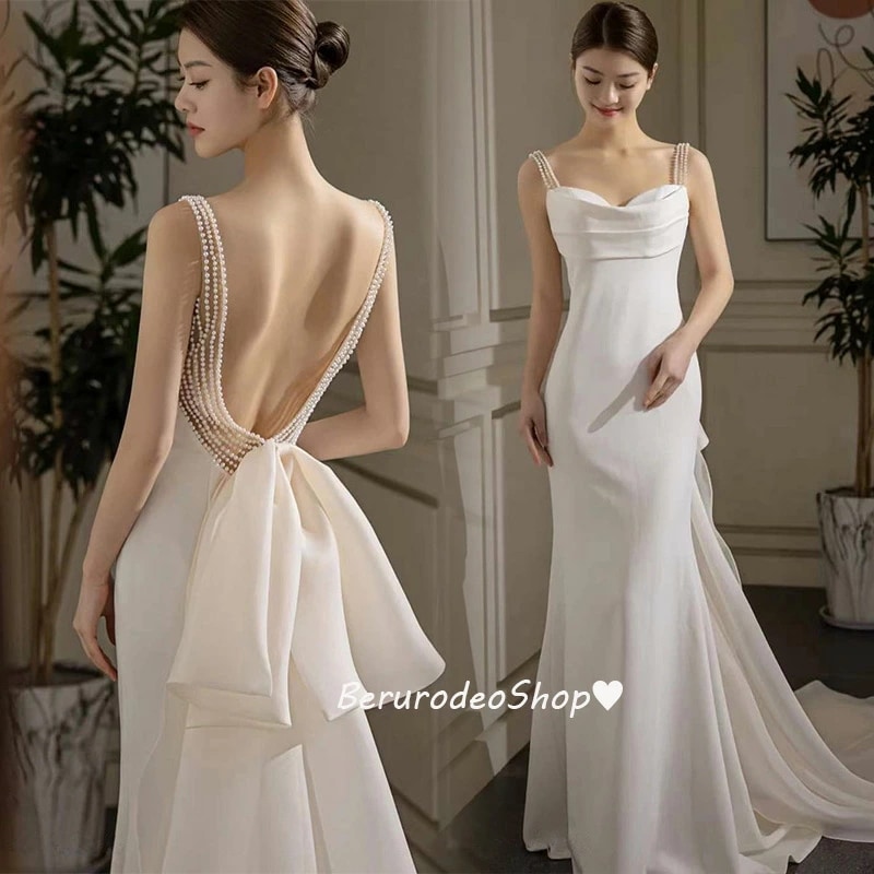 ウェディングドレス 二次会ドレス 白 サテン マーメイドドレス 結婚式ドレス 背開き セクシー キャミドレス パール バックリボン オシャレ ロングドレス 花嫁ドレス ホワイト マーメイド トレーンド 7,556円
