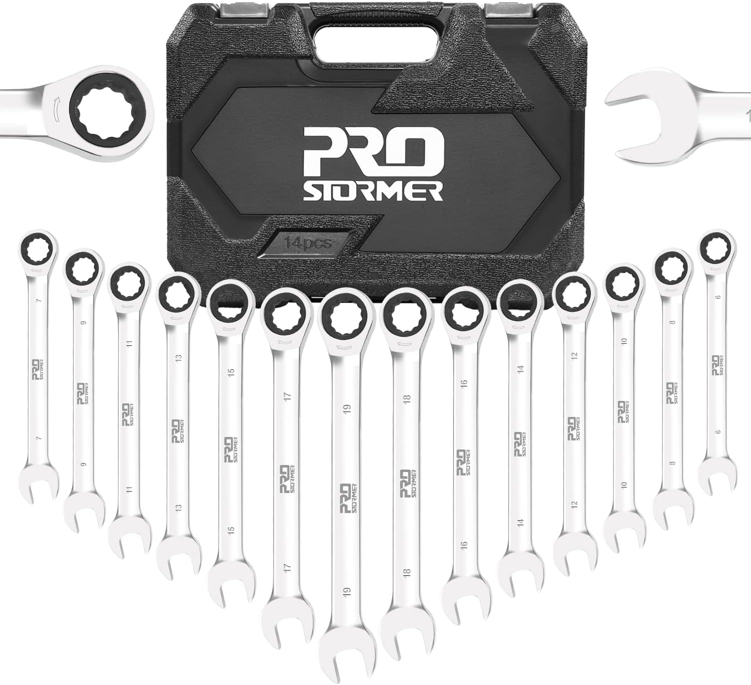 両用ヘッドラチェットレンチセット 6-19mm 14本組 収納ケース付き