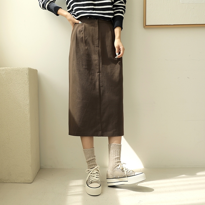 [韓国ファッション] 투핀턱 H라인 뒷트임 코튼 스커트