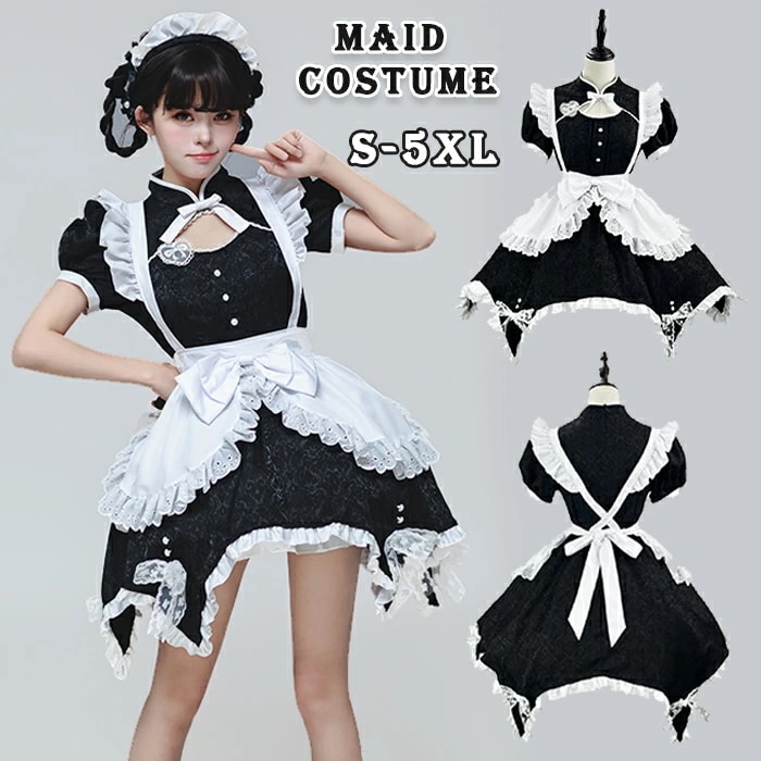 メイド服 可愛い ロリータ コスプレ チャイナ風 半袖 フリル ウェイトレス レディース エプロン 黒 ブラック スカート ワンピース カチューシャ 仮装 変装 ハロウィン 衣装 女の子 コスチ