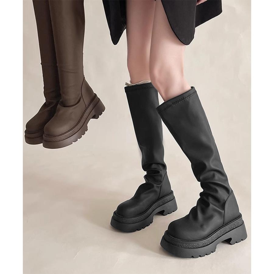 ロングブーツ 厚底ブーツバックジップ美脚