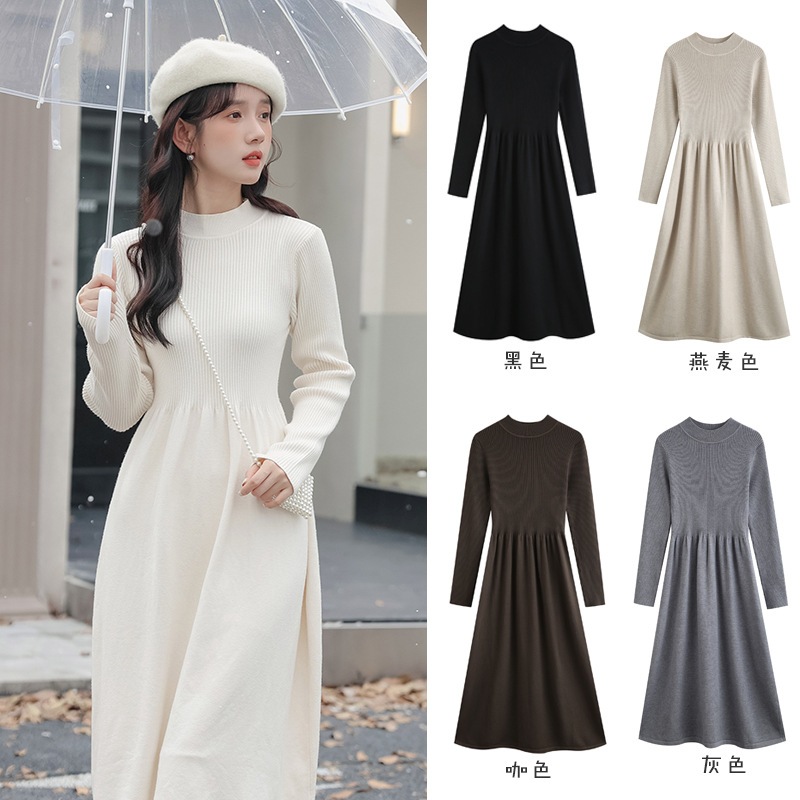 【急速出荷】送.料.無.料.冬厚手パイルニットスカート ウエスト 長袖 ワンピース