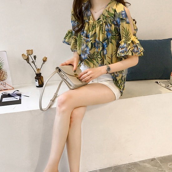 オフショルダーシャツ レディース トップス シャツ ブラウス オフショルダー オフショル カジュアルシャツ 肩だし オフショルダー 花柄 フラワープリント ホワイト ブルー イエロー M L XL 2