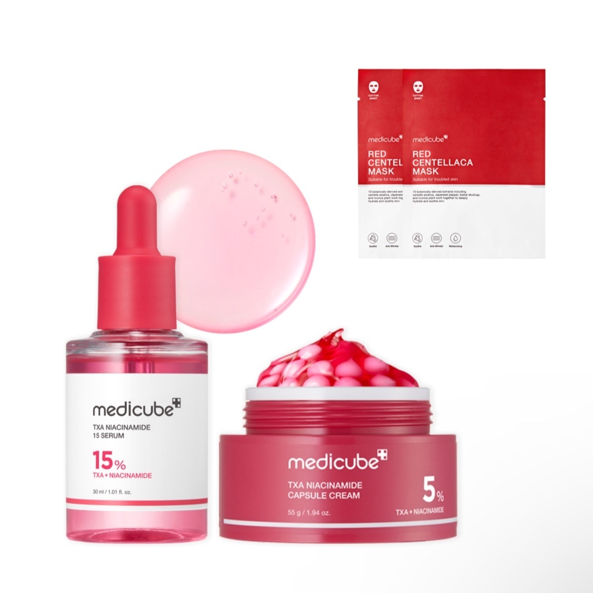 メディキューブ TXA トラネキサム酸 くすみ トーニング2点セット (セラム30ml+クリーム55ml) 贈呈品 レッドセンテラカー マスクパック/メラニン跡をターゲティングする高機能性トラブルトー