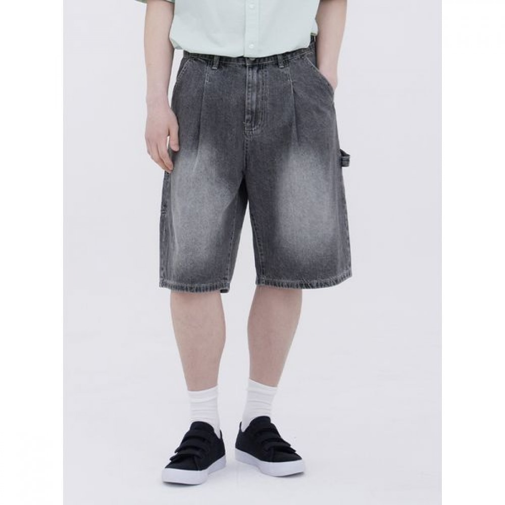 [Jean Mania] ユニセックスワークフィットツールポケット5パーツカーペンターデニムブラックショーツ