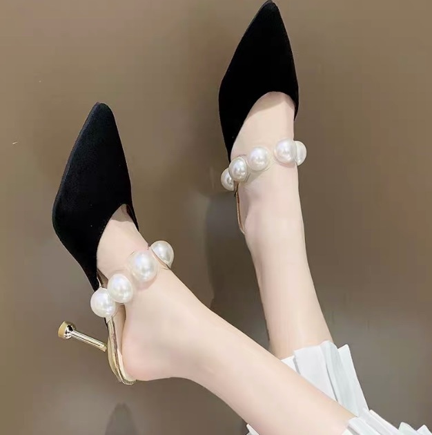 レディース サンダル ミュール ヒールパンプス ハイヒール 8cm ポインテッドトゥ ストラップ パール 美脚 脚長 かわいい 大人可愛い きれいめ 上品 おしゃれ キュート ガーリー クール モード