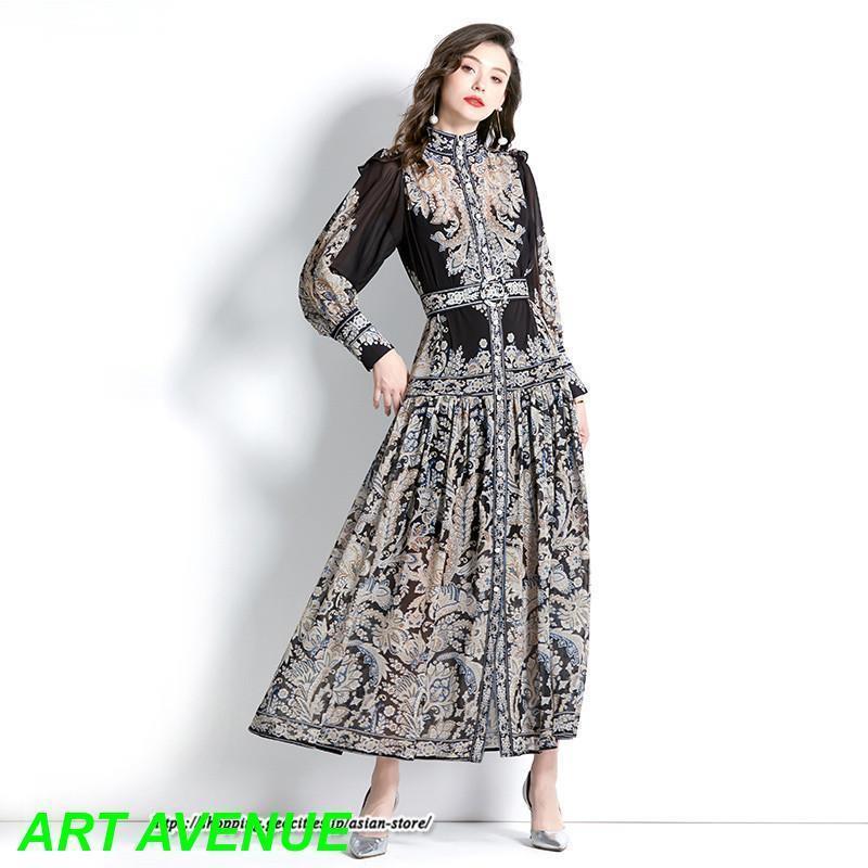 ロングワンピース ワンピース レディース 春 40代 キレイめ マキシ丈ワンピース 秋 長袖 夏物 プリント エレガント ドレスワンピース シャツワンピ 二次会 結婚