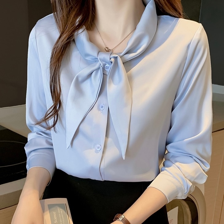 トップス シャツ ミディアム丈 袖あり 長袖 襟付き スカーフカラー ストレート リボン きれいめ シンプル 上品 おしゃれ かっこいい 大人可愛い 大人女子 エレガント フォーマル とろみ感 無地