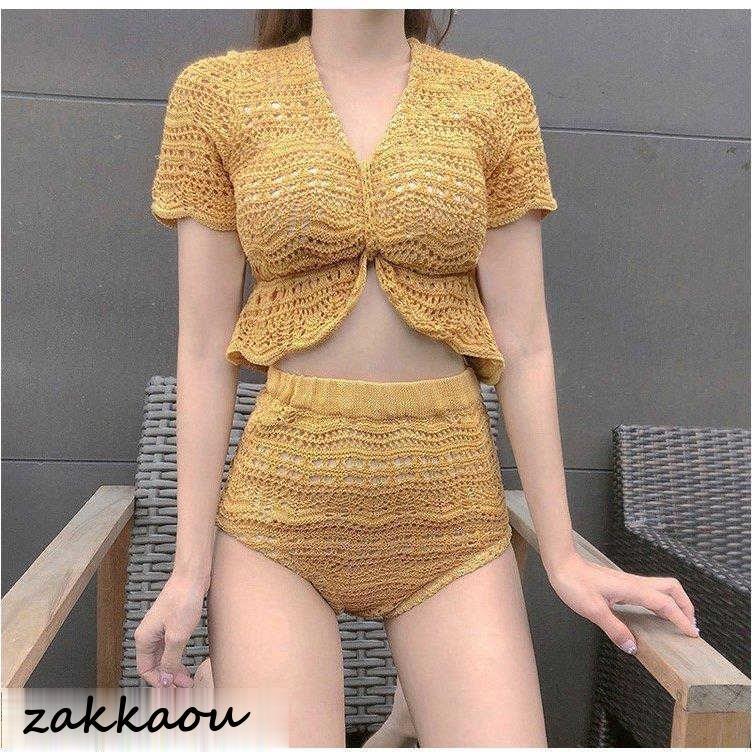 水着レディース 体型カバー ビキニ水着 セパレート ビキニ2点セット 三角パン水着 半袖 ニット風 小胸バンドゥ 40代 スイムウェア 温泉 上品 5,015円