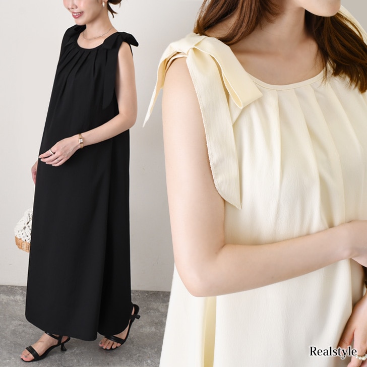 バックオープンリボンショルダーノースリーブロングワンピース レディース 夏 きれいめ 上品 ロング丈 マキシ丈 Aライン 旅行 リネンタッチ 肩リボン リゾート バックシャン 可愛い 5,808円