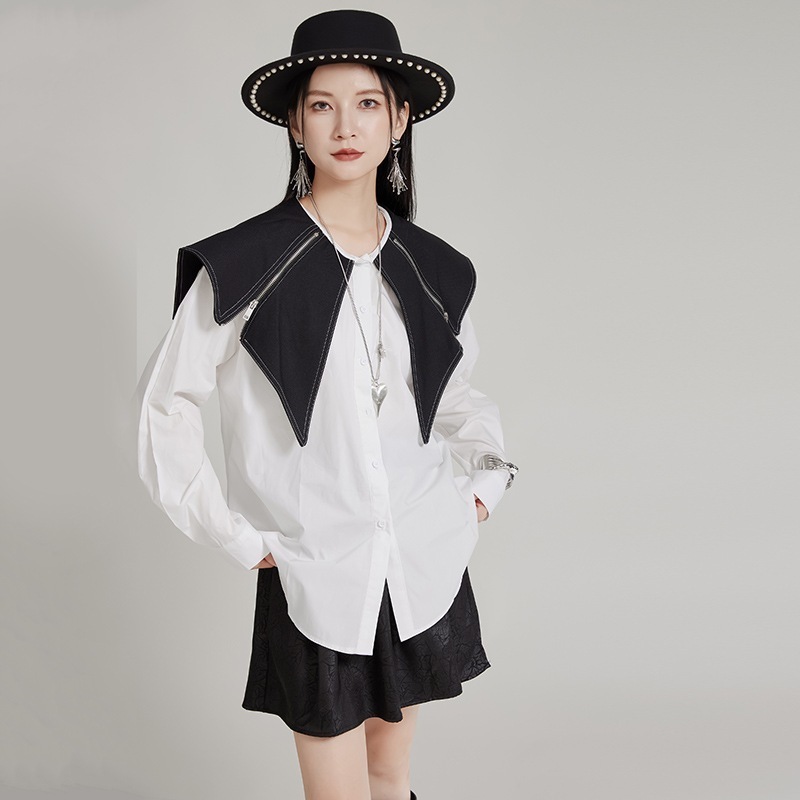 トップスシャツブラウス日中2025フランス式上着ファスナー大襟衝突色ゆるい大版郭形怠惰シャツ中長タイプ 4,742円