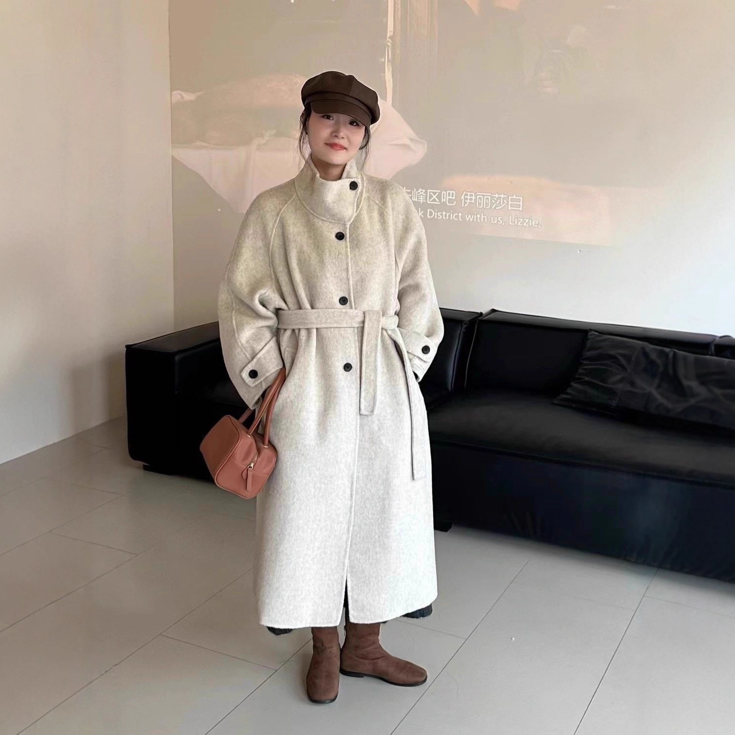 レディース用無地両面ウールコート新しい秋冬スタイルロング膝上丈厚手ゆったりとした韓国スタイル