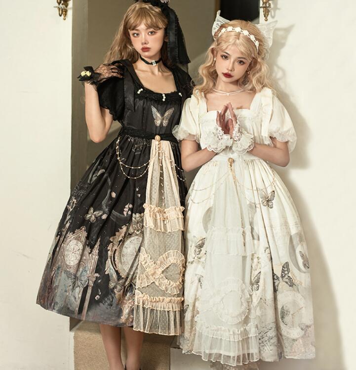 ロリータドレス 蝶 チョウ 可愛い ロリータ ワンピース 半袖 ミモレ丈 ロング丈 お姫様 ゴシック ロリータ服 レース フリル リボン チェーン付き レディース 大人 ハロウィン コスプレ衣装 暗色