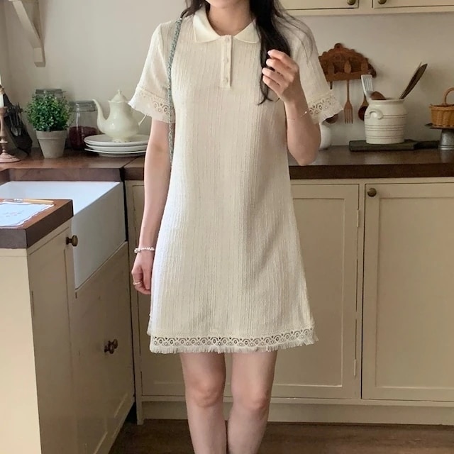 2024 春夏ワンピース ミニ丈 Aライン 半袖 襟 レース ボタン ゆったり 夏 白 おしゃれ かわいい ガーリー キュート きれいめ 韓国ファッション レディース お出かけ安い