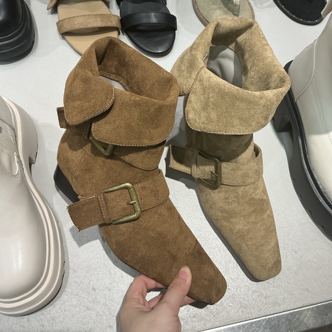 2025デザイン万能ショートブーツ女性用スモールスクエアトゥ太ヒールミッドカーフブーツ6