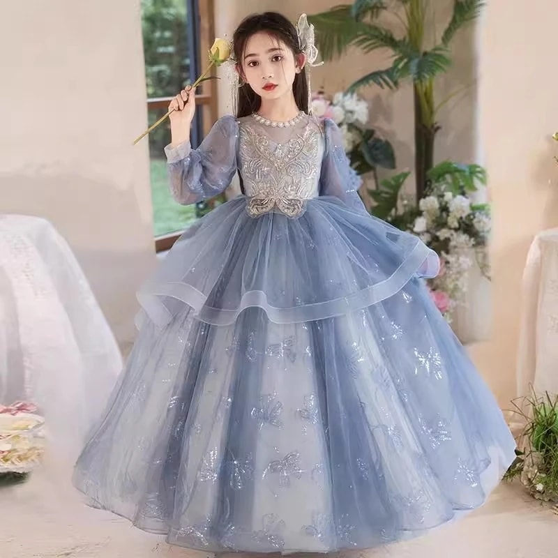 子供のふくらんでいる糸ドレスブルーハイエンドリトルホストガールズバースデープリンセススカートスカートフラワーガールピアノパフォーマンスコスム