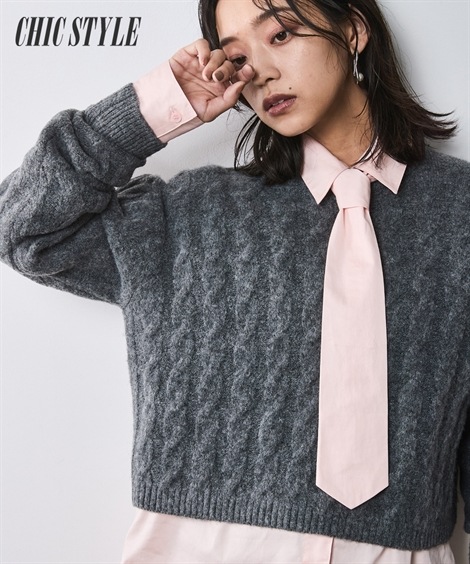 ニット ケーブル編ショートニットプルオーバー シックスタイル 大きいサイズ対応