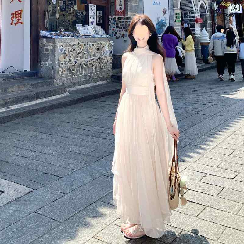 新規発売（人気）ワンピース レディース 夏 ノースリーブ ロング 白 フレンチスタイル リボン デザイン 高級感 エレガント シルエット 軽やか 女性らしい 涼しい 素材 吸湿速乾