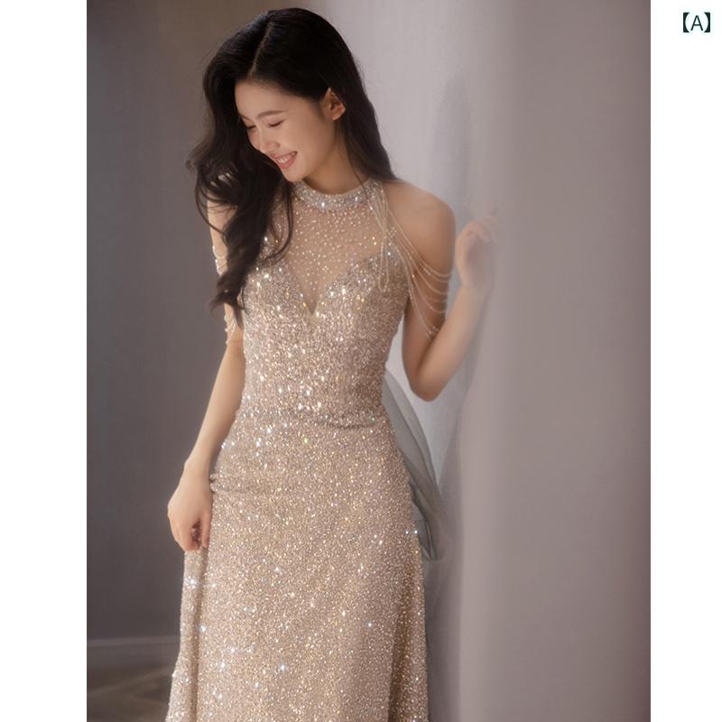 ドレス　パーティー　レディース イブニングドレス 軽い 高級 ハイエンド ホルターネック アート 試験 シルバー スパンコール トースト ドレス 花嫁 7,720円