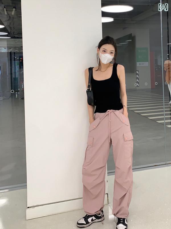 カーゴパンツ レディース カジュアル 春夏 ハイウエスト ストレート ポケット 韓国 おしゃれ ピンク