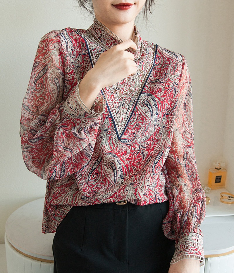 トップス ブラウス プルオーバー 袖あり 長袖 プチハイネック ペイズリー レース 透け感 タイト エキゾチック 大人可愛い きれいめ シンプル カジュアル 上品 おしゃれ 大人女子 こなれ感