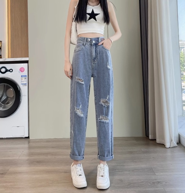 ダメージデニム ハイウエストパンツ ストレートデニム スリムパンツ カジュアル メンズライク ボーイッシュ