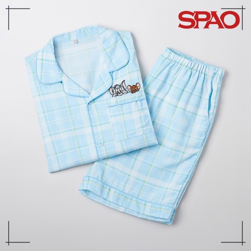 SPAO トムとジェリー チェック 半袖 パジャマ(BLUE) かわいい 部屋着 韓国人気
