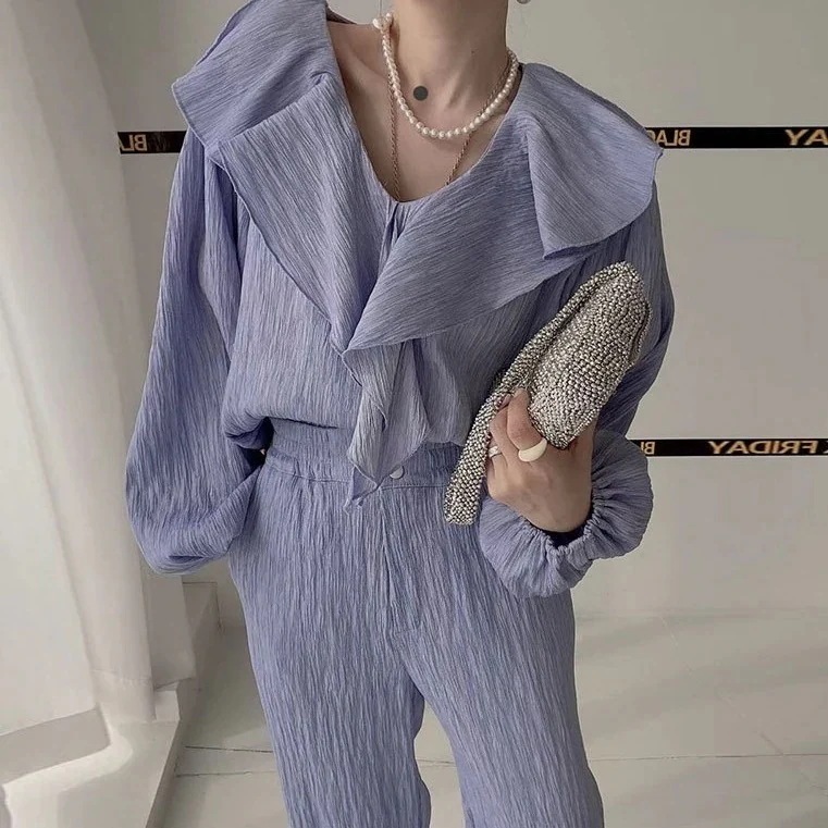 殺到中 ゆとりフリルVネックシャツ+ハイウエストボタンパンツセットパンツドレス