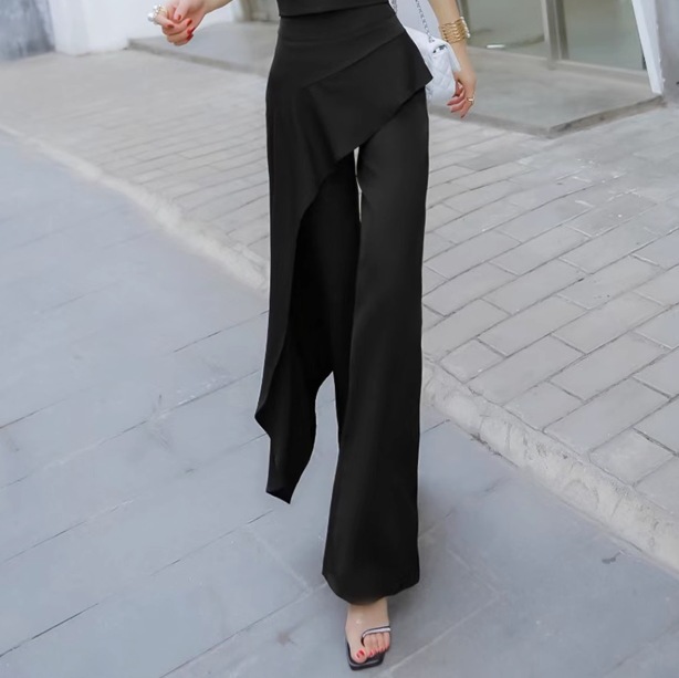 レディース パンツ ボトムス ワイドパンツ ロング ワイド フリル ハイウエスト ポリエステル かわいい 大人可愛い きれいめ シンプル 上品 おしゃれ かっこいい 個性的 クール モード系
