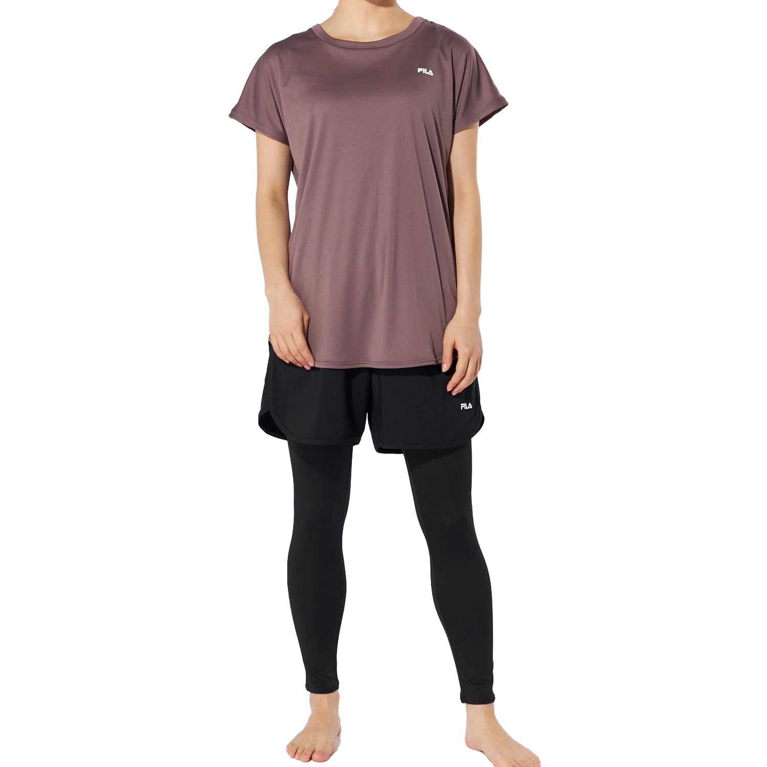 [フィラ] 水陸両用フィットネスウェア 水着 3点セット 半袖Tシャツ+ショートパンツ+レギンス 312061N レディース ブラウン LL