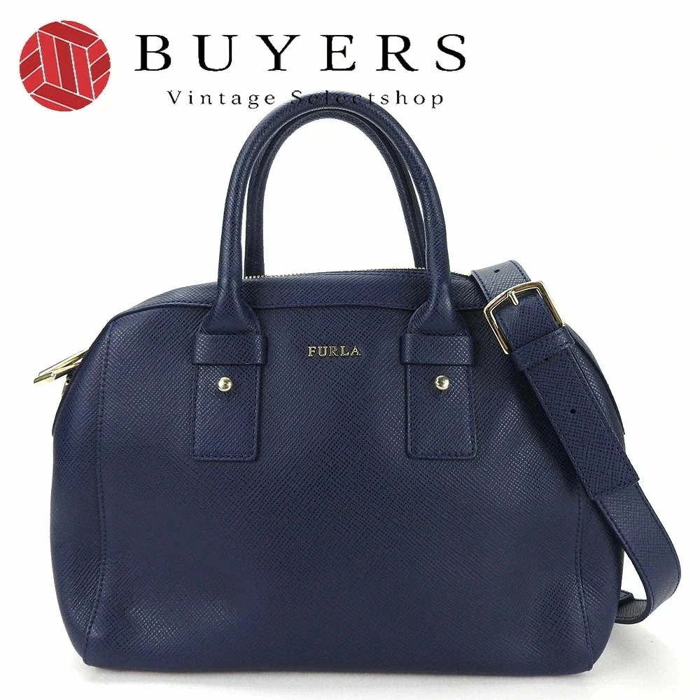 中古 フルラ 2WAY ハンドバッグ ショルダー 斜め掛け レザー 革 ネイビー ゴールド金具 普段使い レディース 女性 FURLA hand bag shoulder navy