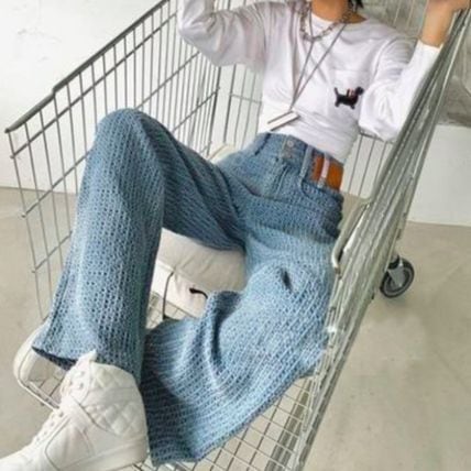 ボトムス ボトム おすすめ おしゃれ お洒落 安い プチプラ デニム パンツ ワイド パンツ ハイ ウエスト　スリム クロシェット 太め コットン 綿 動きやすい 韓国