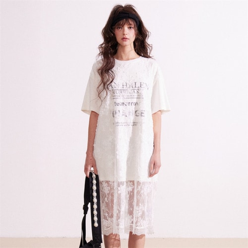 ルーズフィットレース配色Tシャツワンピース