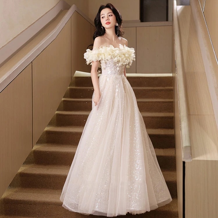 ウエディングドレス パーディードレス 結婚式 ロングドレス お呼ばれ 二次会 披露宴 卒業式 成人式 ビアノ プリンセスドレス オフショルダー 20代 | [VANDROUP] ウェディングドレス 二次会ドレス パーティー