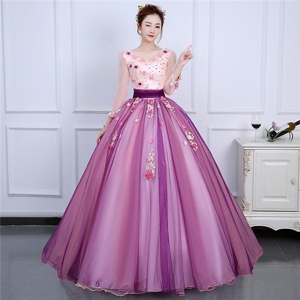 カラードレス ウェディングドレス パーティードレス ロング ピアノ 発表会 演奏会用 大人 ステージ衣装 大きいサイズ フォーマル 袖あり 体型カバー