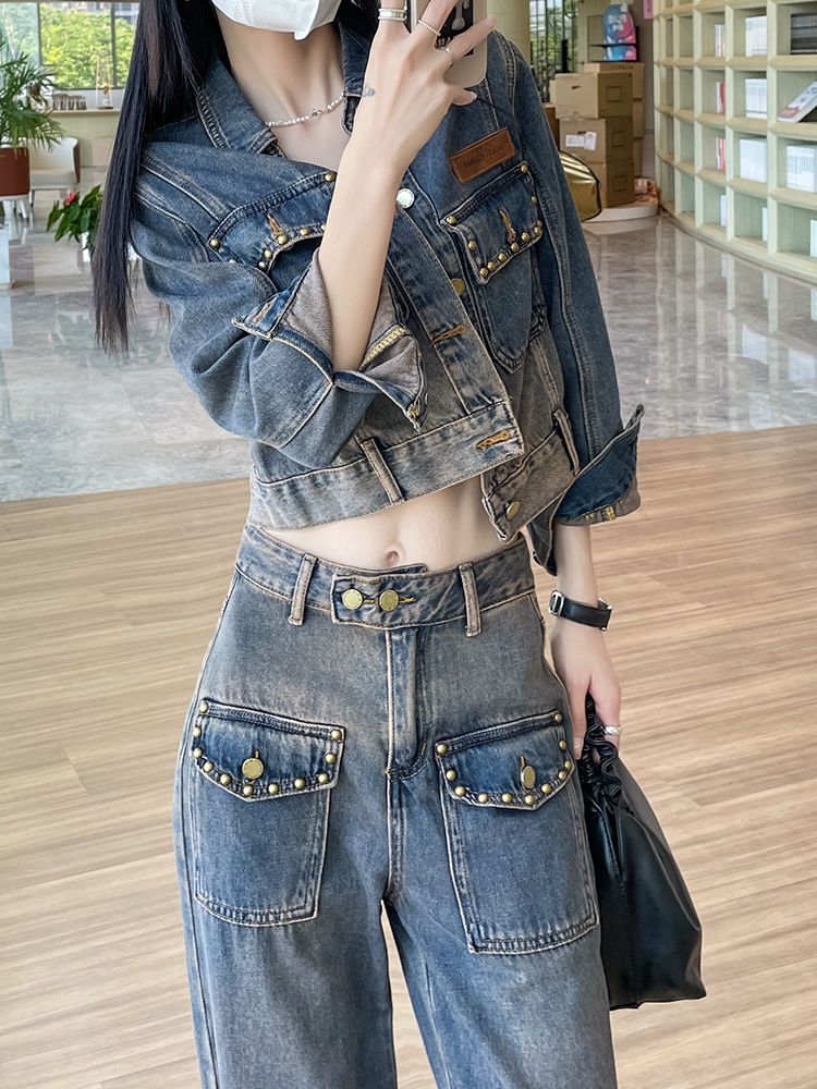 デニムスーツ女性2点セットおしゃれショートストレートワイドパンツスーツ
