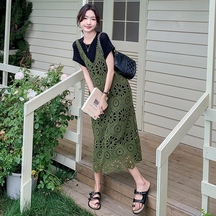 セットアップ アンサンブル 2点セット ニット ワンピース レース クロシェ 透かし編み インナー エレガント きれいめ カジュアル 大人 可愛い 半袖 ゆったり レディース フェミニン グリーン 緑